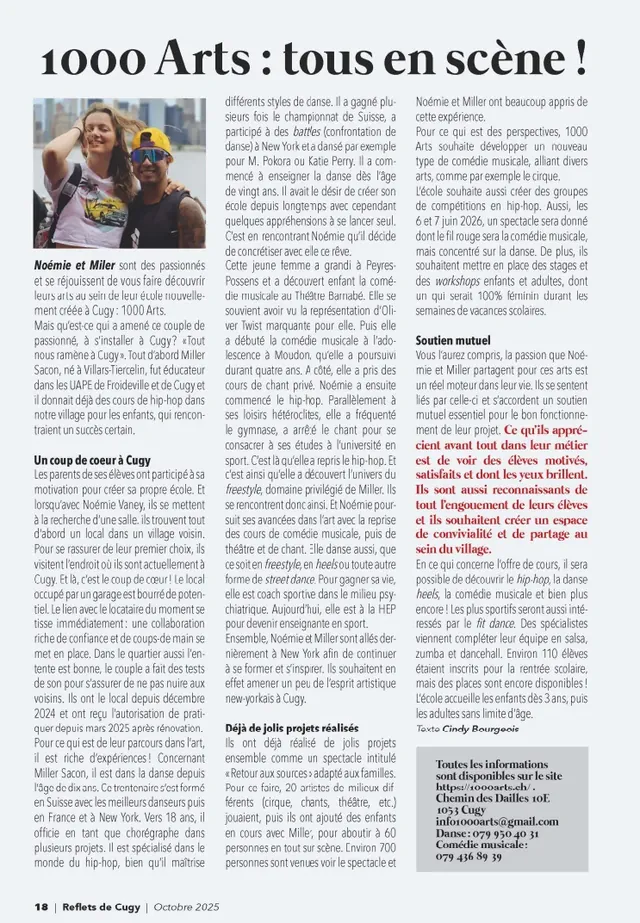 Reflets de Cugy — article sur l'école de danse 1000 ARTS à Cugy VD